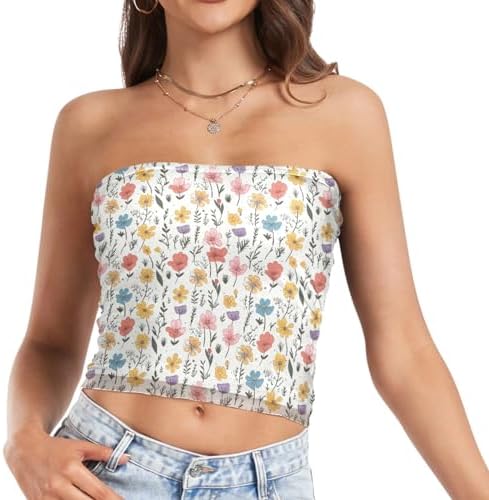 Womens Tube Tops Flower Floral Mesh Crop Top Strapless Bandeau